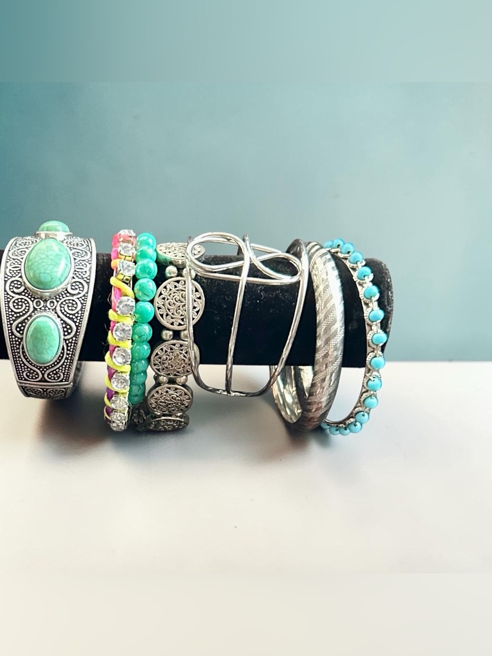 Boho Silver Turquoise Bracelet Stack Set Beaded Cuff Statement Lot 7 pcs
